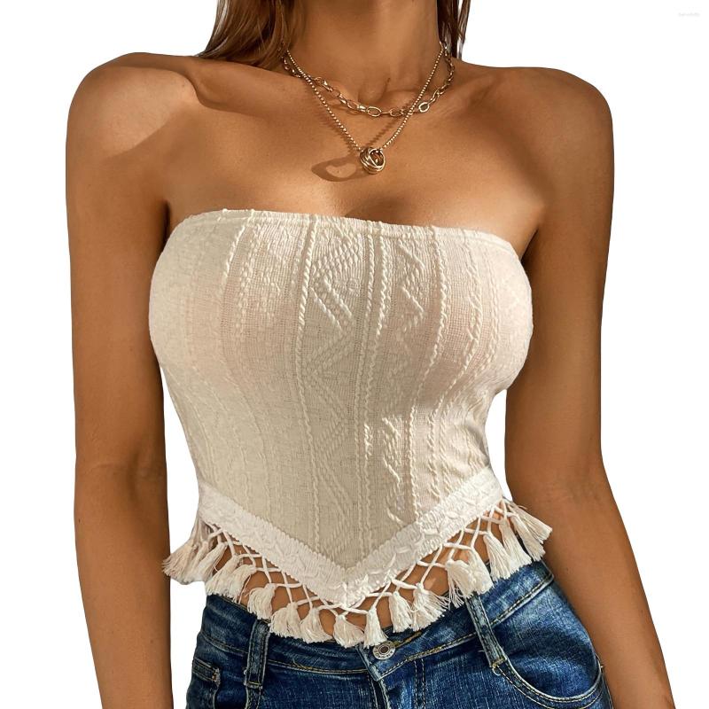 

Women's Tanks Women's Strapless Tube Tops Solid Color Crochet Jacquard Fringed Hem Bandeau Summer Sleeveless Crop, Beige