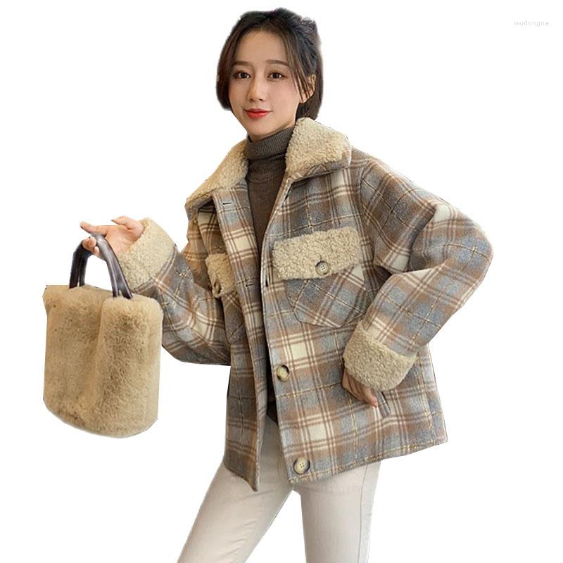 

Women' Wool Autumn Winter Woolen Coat Women 2023 Korean Lambswool Lapel Splicing Plaid Short Casual Trench Female Outerwear, Gray-brown