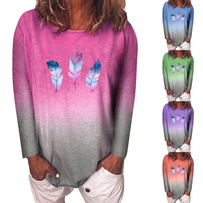 

Women's T Shirts Women Fashion Casual Round Neck Long Sleeve T-Shirt Blouse Color-gradient Feathers Lovely Girls Daily Shirt, Purple
