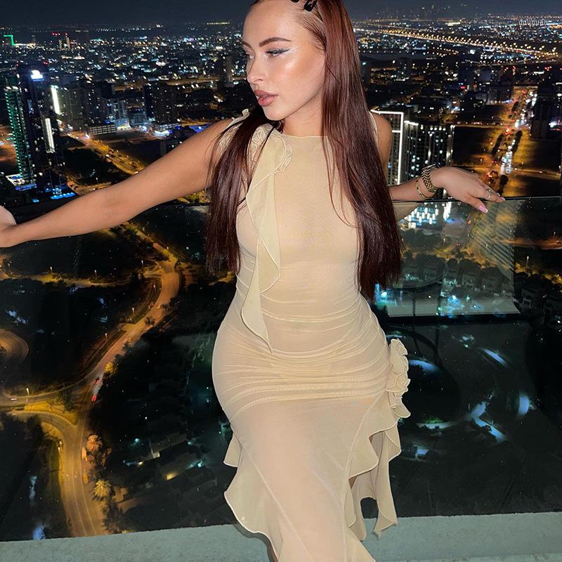 

Casual Dresses Fringe Sexy Sleeveless Dress Women Club Party Ruffles Mesh Mini See Through Bodycon Fashion Slim, Rose