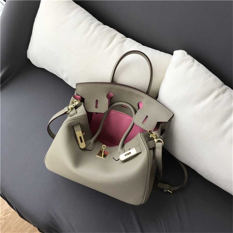 

Luxury Bag Birkin French lychee pattern real leather soft leather women's lock handbag drawstring leather pure leather single shoulder slant with logo, 25cm elephant grey with powder