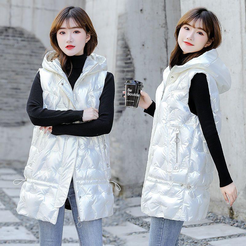 

Women's Vests 2023 Winter Vest Glossy Down Cotton Parkas Jacket Women Mid-length Leisure Hooded Sleeveless Waistcoat Female Warm Coat, Black