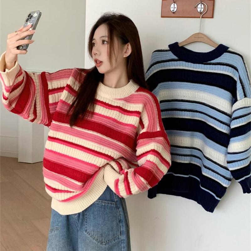 

Women's Sweaters Striped Sweater O-Neck Women Autumn Winter Korean Fashion Loose Outwear Ins Pullover Basic Soft Long Sleeve Retro Knitted, Blue pullover