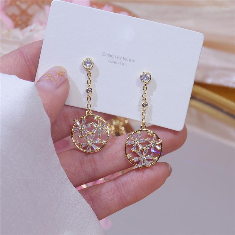 

Stud Earrings Romantic 14K Real Gold Flower Ring Long Temperament Fairy For Women Cubic Zircon ZC