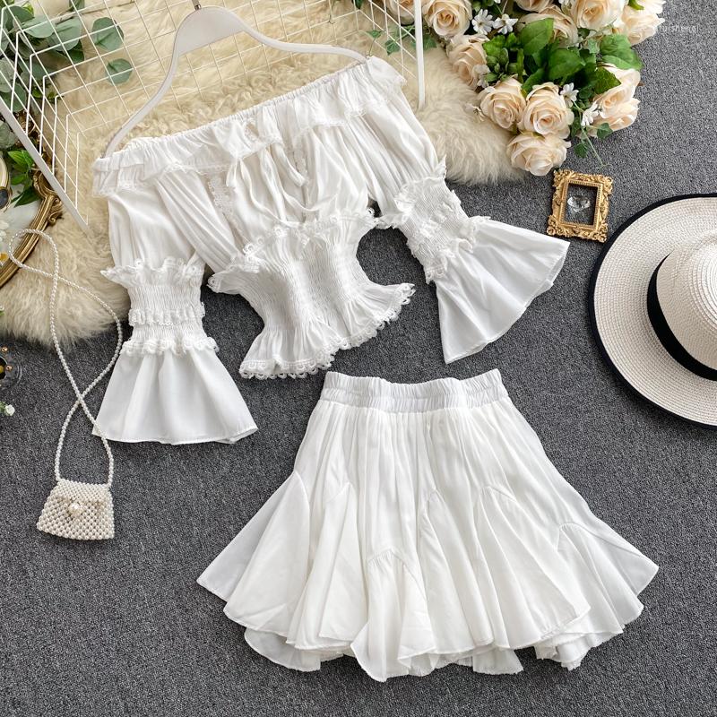 

Work Dresses Spring Women French Style Two-Piece Skirt Set Sweet Girl Ruffled Off-Shoulder Flare Sleeve Short Top High Waist, Black