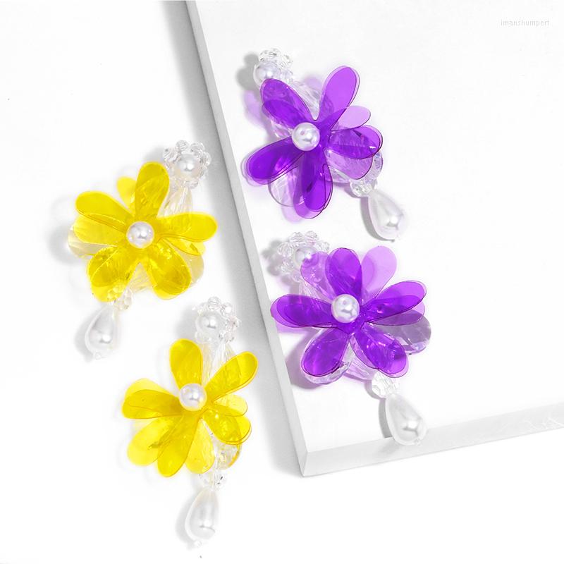 

Hoop Earrings FLOLA Big Purple Yellow Flower For Women Bead Pearl Acrylic Drop Summer Jewelry Beach Gifts Ersx18