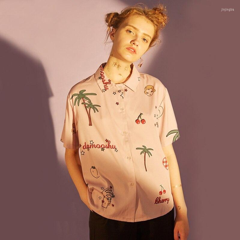 

Women's Blouses Bebobsons Women's Chiffon Blouse Original Niche Design Short Sleeve 2023 Summer Lady Loose Pink Shirt Tops Plant Printed