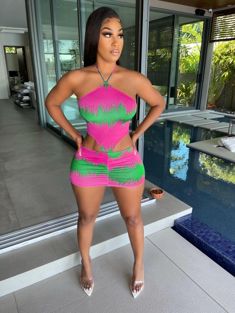 

Casual Dresses Sexy Cut Out Tie Dye Print Mini Summer Dress For Women 2023 Halter Lace Up Sleeveless Bodycon Clubwear Beach Robe, Purple dress