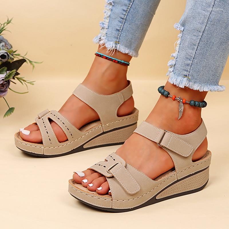 

Sandals Retro Wedges Platform Women 2023 Summer Thick Soled Beach Slippers Woman Plus Size 43 Ankle Buckle Sandalias Footwear, Beige
