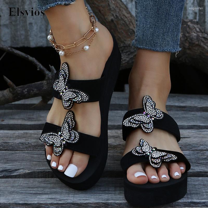 

Dress Shoes Fashion Summer Open Toe Beach Sandalias Butterfly Bordered Crystal Women Casual Thick Wedges Heel Sandals Slippers, 01 daisy