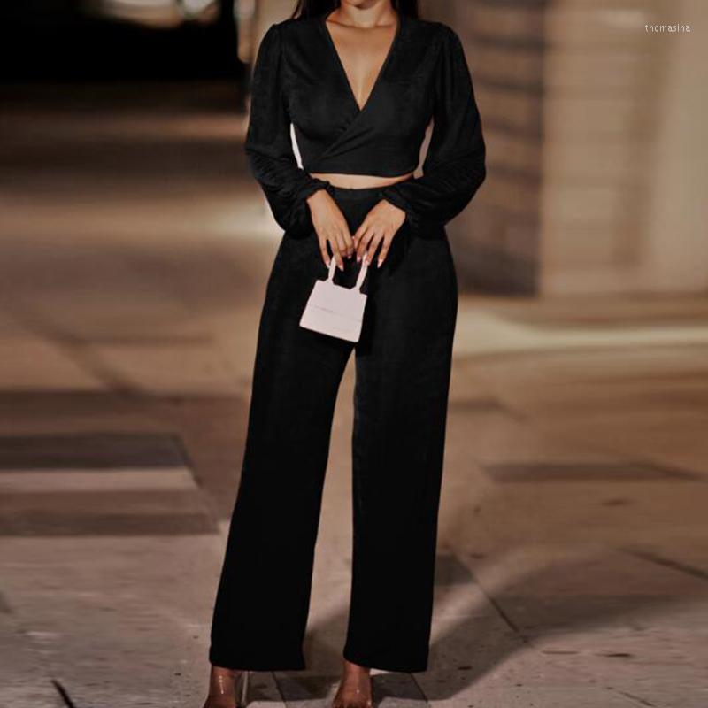 

Women' Tracksuits Fashion V Neck Wrap Blouses And Long Pants Outfits Women Elegant High Waist Solid Suits Casual Sleeve Loose Two Piece, 03 coffee