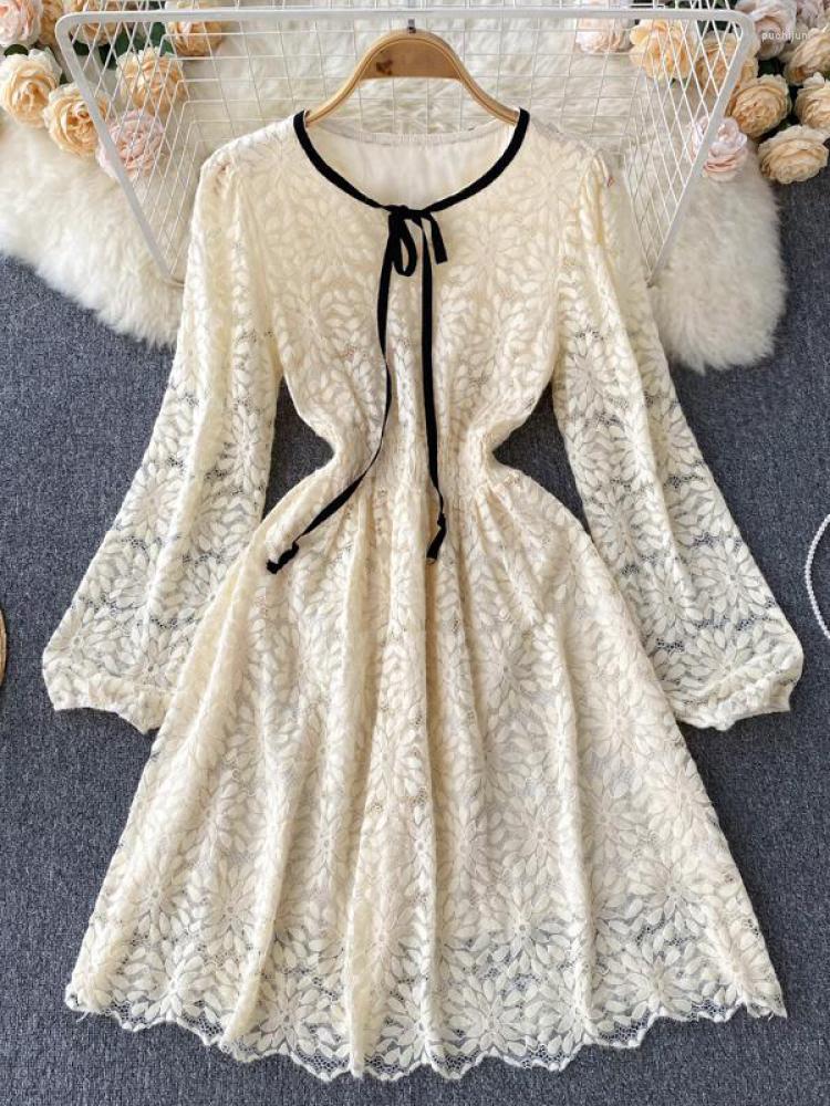 

Casual Dresses Autumn Women French Lace White Black Pink Dress Spring Long Sleeve Fashion Elegant Gentle Round Neck Party A-Line, Beige
