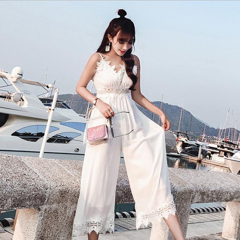 

Women' Jumpsuits & Rompers Sweet Lace Womens Jumpsuit Holiday Style V-Neck Patchwork Summer Combinaison Pantalon Femme EleganteWomen, White