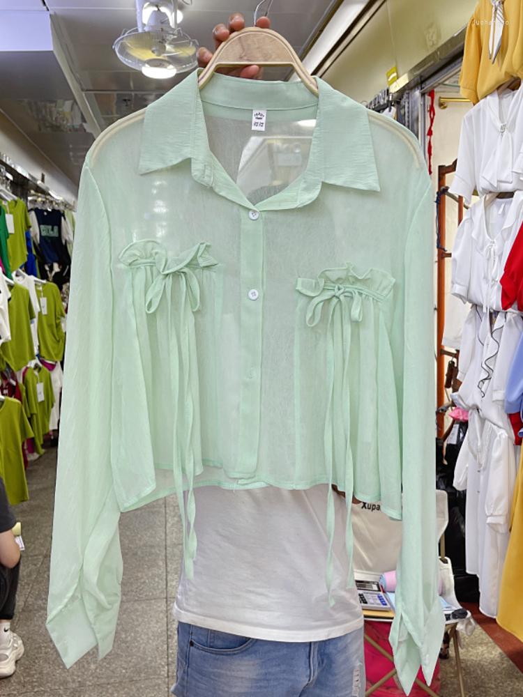 

Women's Blouses Harajpoo Women Blouse Bow Knot Sunscreen Korean Style 2023 Summer Outer Thin Chiffon Long Sleeve Transparent Short Top, White
