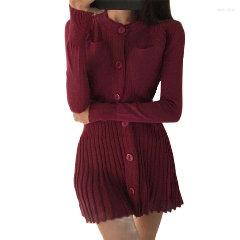 

Casual Dresses Autumn Winter Long Sleeve Women's Knit Dress 2023 Button Mid-length Solid Sweaters Female Pleated Vestido, Black