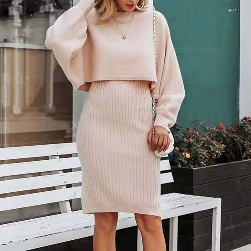 

Casual Dresses Women Style Solid Color Long Sleeve Pullover Clothing Autumn Winter Sweater And Knitted Dress Two-piece Set Female Knitwear, Green