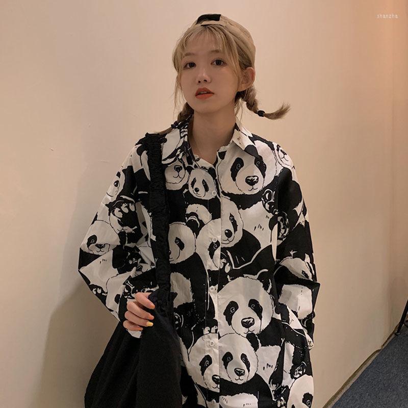 

Women's Blouses Women's Blouse Panda Print Vintage Korean Fashion Kawaii Shirts Harajuku Casual Black White Cute Loose Long Sleeve Top, Tupian