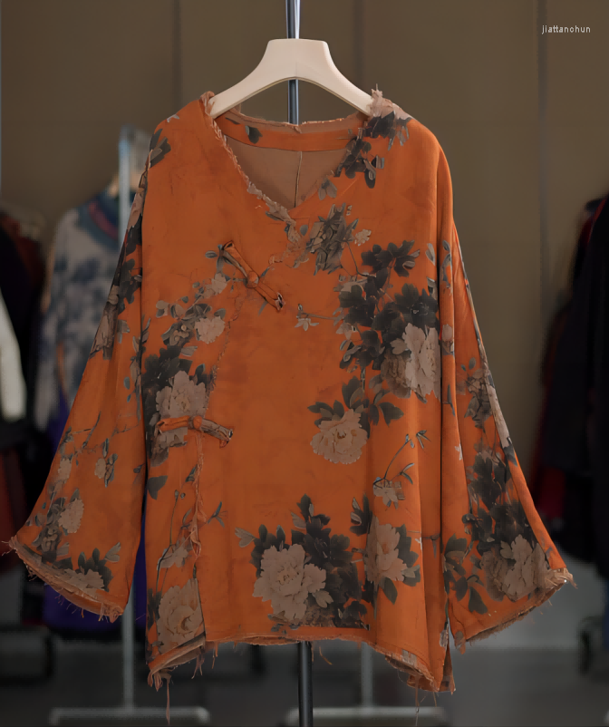 

Women's Blouses Chinese Style V Neck Floral Printed Tops Ladies Vintage Ethnic Plate Button Cotton Linen Shirts Spring Ripped Clothes