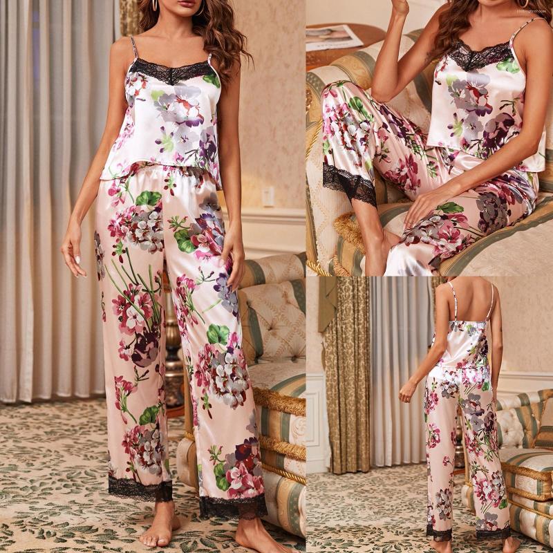 

Women's Sleepwear Two-Piece Pijama Mujer Sling Pajamas Women Nightdress Sexy Lingerie Satin Silk Underwear Floral Printed Lace 2023, Pink
