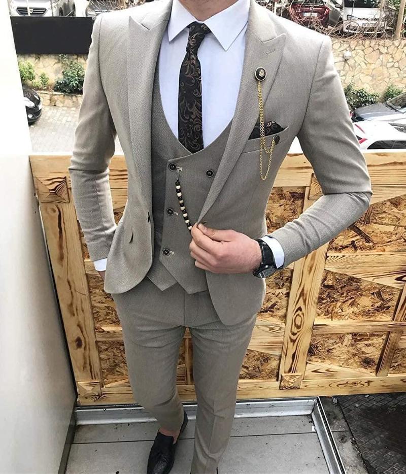 

Men's Suits Men's Suit Slim Fit 3 Piece Grey Casual Prom Tuxedos Groom Peaked Lapel Business For Wedding (Blazer Vest Pant), Auburn