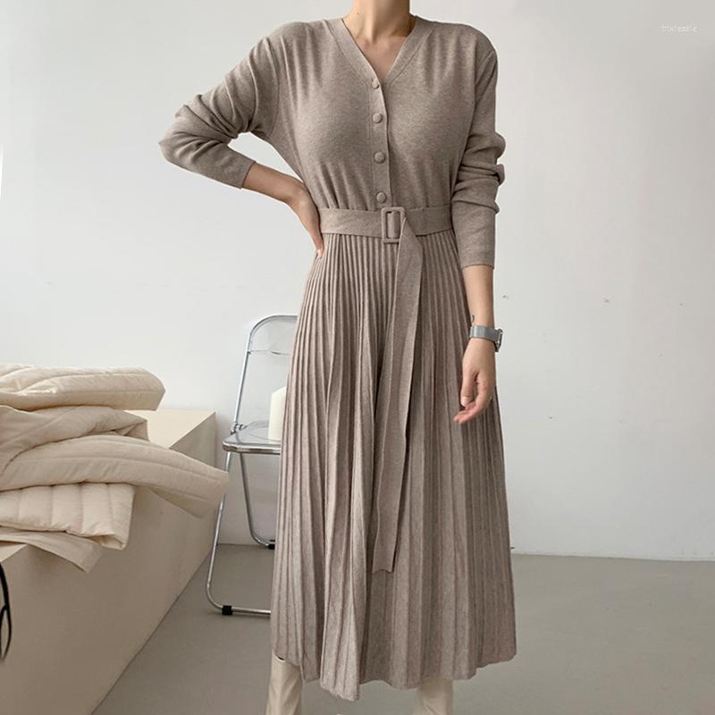 

Casual Dresses Women Knitted Long Sleeve Sweater Dress Korean Fashion Round Neck Loose Jumper Pullover Single-Breasted Ladies, Beige