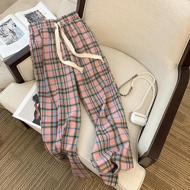 

Women's Pants Pink Plaid High-waisted Casual Trousers For Women Korean Color Contrast Spring And Summer Elastic Waist Straight Leg