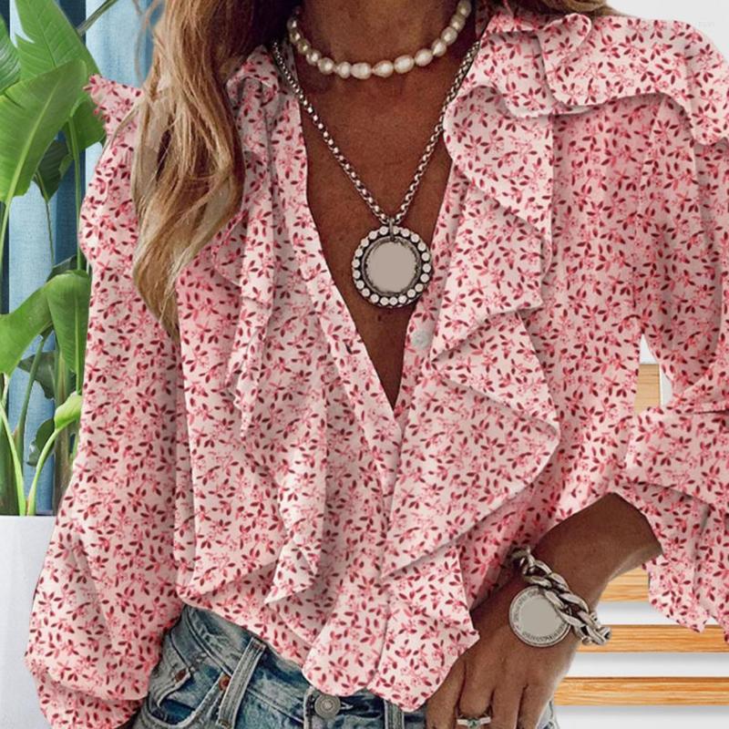 

Women's Blouses V-Neck Long Sleeve Loose Women Shirt Ruffle Collar Edge Flower Print Sweet Female Clothing, Pink