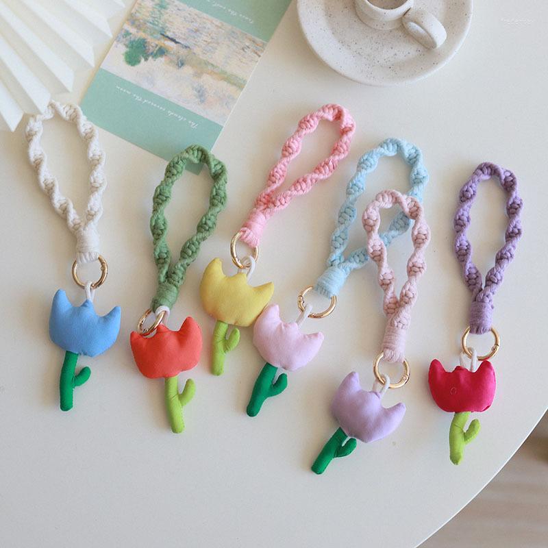 

Keychains Korean Cute Tulip Three-dimensional Filled Flower Pendant Handwoven Key Chain Bag Hanging Accessories Ring Girl Gift