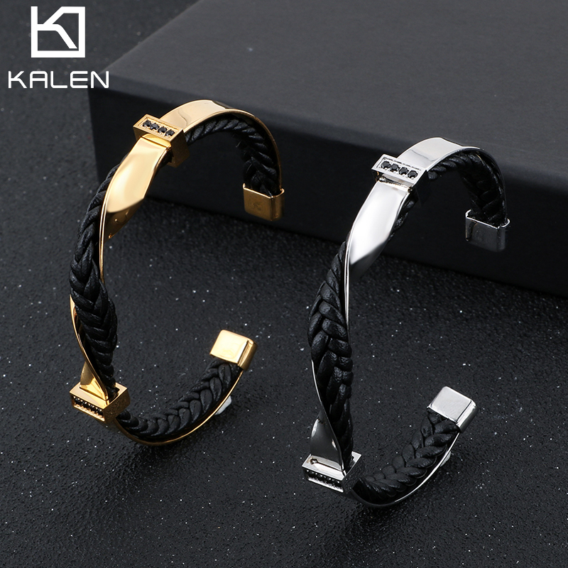 

Bangle Kalen Mens Stainless Steel Leather Zircon Fashion Bracelet Twisted Surface Shape Accessories 230313