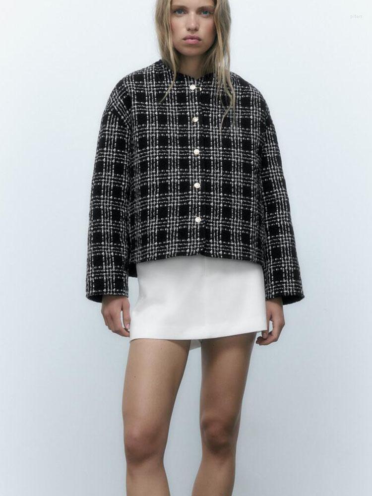 

Women's Trench Coats 2023 Fall And Winter Women's Retro Round Neck Long-sleeved Plaid Texture Cotton Jacket, Black