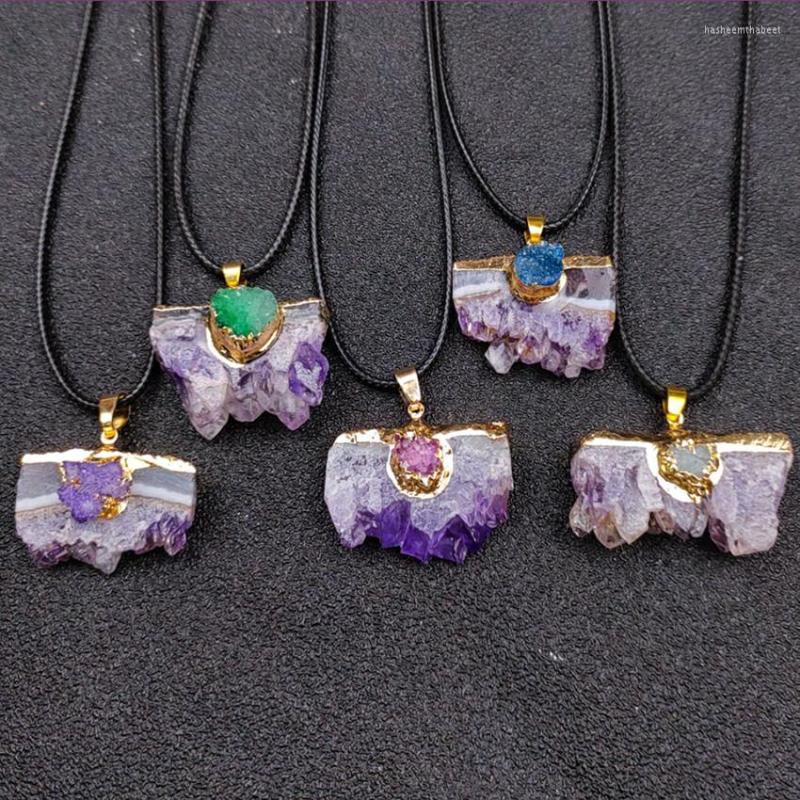 

Pendant Necklaces FYJS Unique Light Yellow Gold Color Irregular Shape Amethysts Stone Cluster Rope Chain Necklace Fashion Jewelry