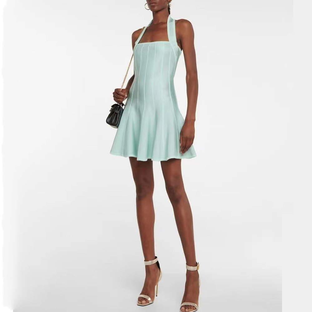 

High-quality imitation marton hair halter neck knitting dress, 2023030101