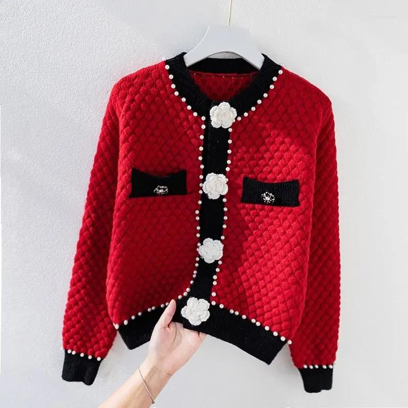 

Women's Knits 2023 Fall Winter Knitting Cardigan Women's Elegant Fashion Loose Single-Breasted Nail Bead Wind Short Women Sweater Jacket, Wine red