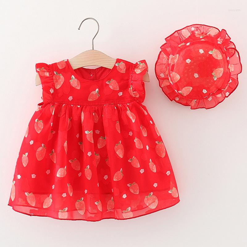 

Girl Dresses 2Piece Summer Baby Girls Clothes Set Korean Cartoon Cute Strawberry Mesh Sleeveless Princess Dress Sunhat Toddler BC308, Red
