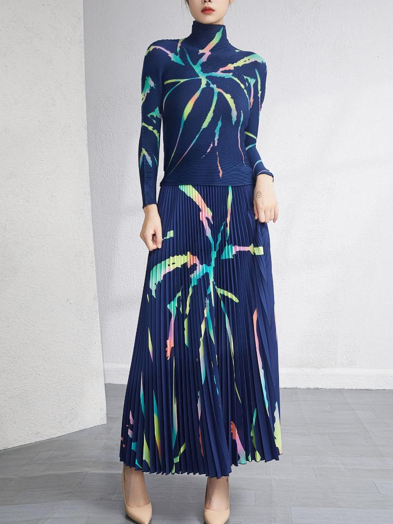 

Women's T Shirts Miyake Fashion Suit Women's Autumn Half-neck Pleated Slim Top Skirt Two-piece Set, Picture color