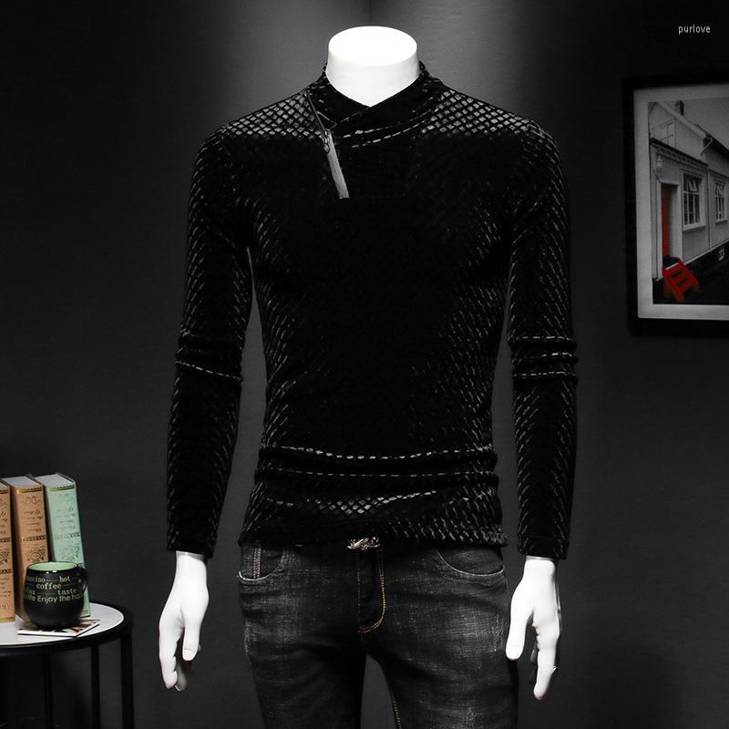 

Men's T Shirts Mens Top T-shirt Quality With Gold Velvet Material Half Turtleneck Thick Autumn Winter Full Sleeve C30, Black