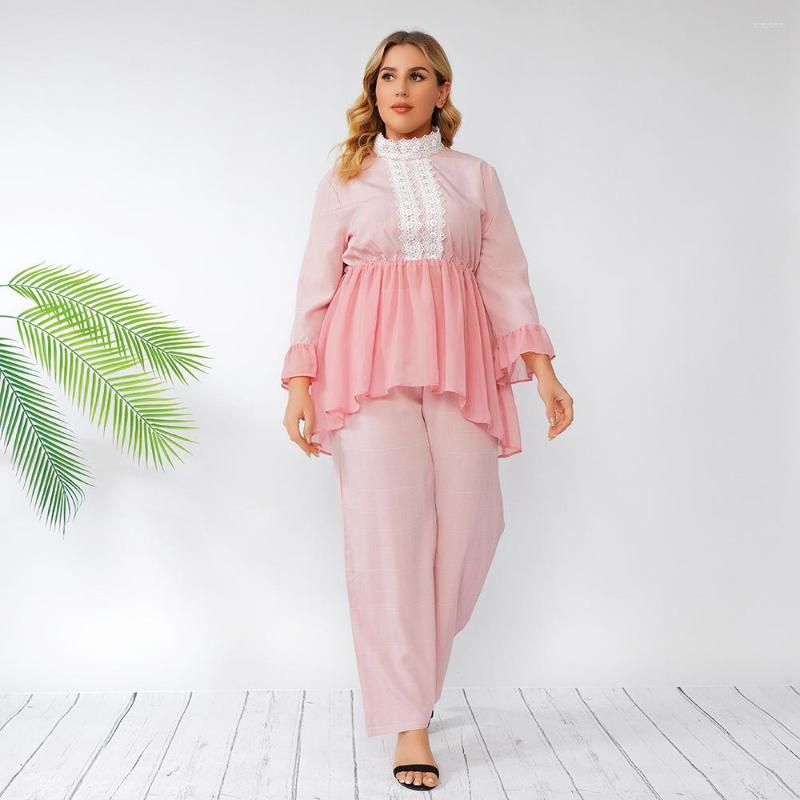 

Tracksuits Plus Size Large Suit Women's Court Style Two-piece Chiffon Lace Top Wide Leg Pants, Pink