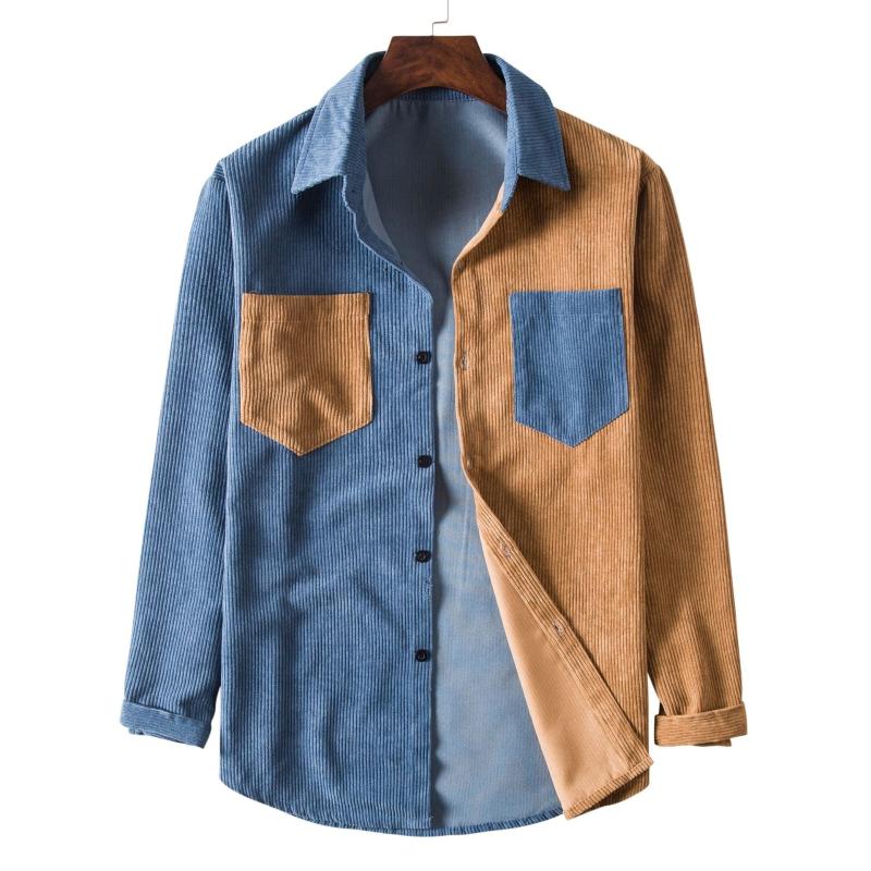

Men's Casual Shirts 2023 Fashion Mens Patchwork & Double Pocket Loose Long Sleeve Men Corduroy Contrast Panel Button Up, Navy khaki
