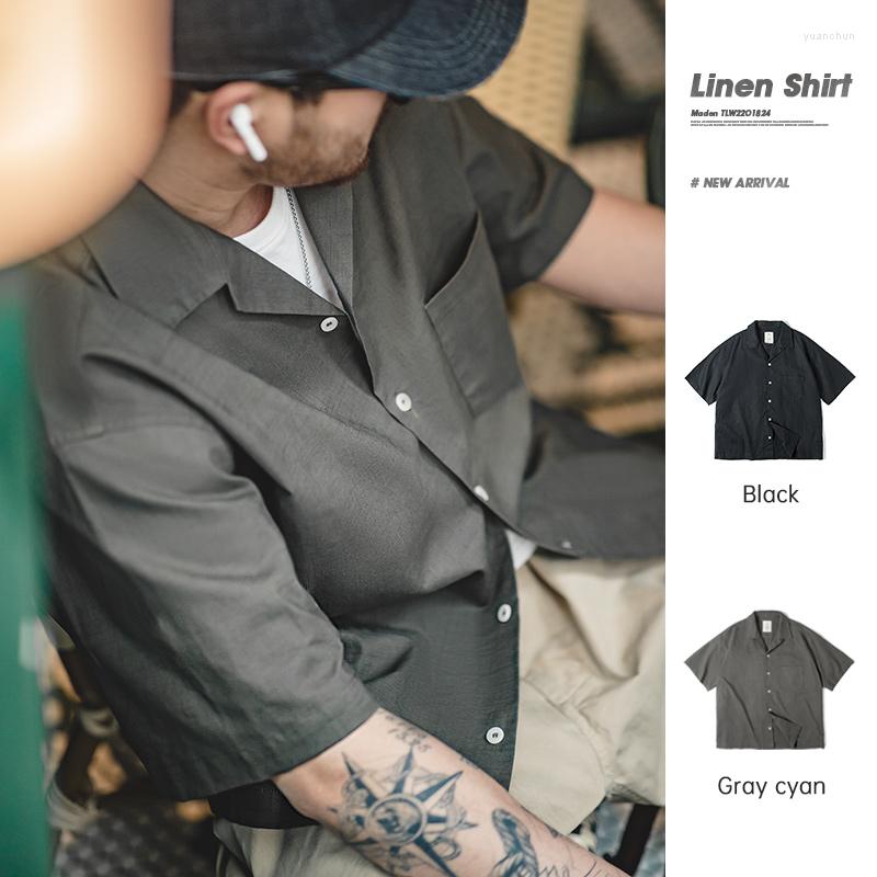 

Men' Casual Shirts 2023 Maden Summer Linen Shirt Man Japanese Retro Collar Loose Short Sleeved Breathable Male Clothes, Black