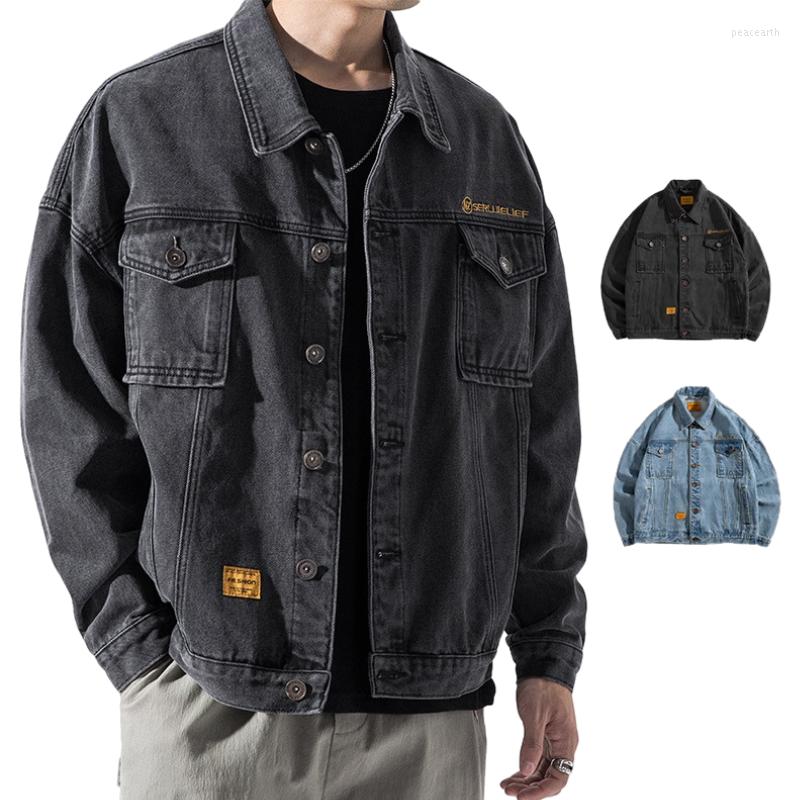

Men's Jackets Solid Denim Jacket Black Man Single Breasted Turn-down Collar Male Coat Letter Pocket Vintage Outwear Spring Fashion