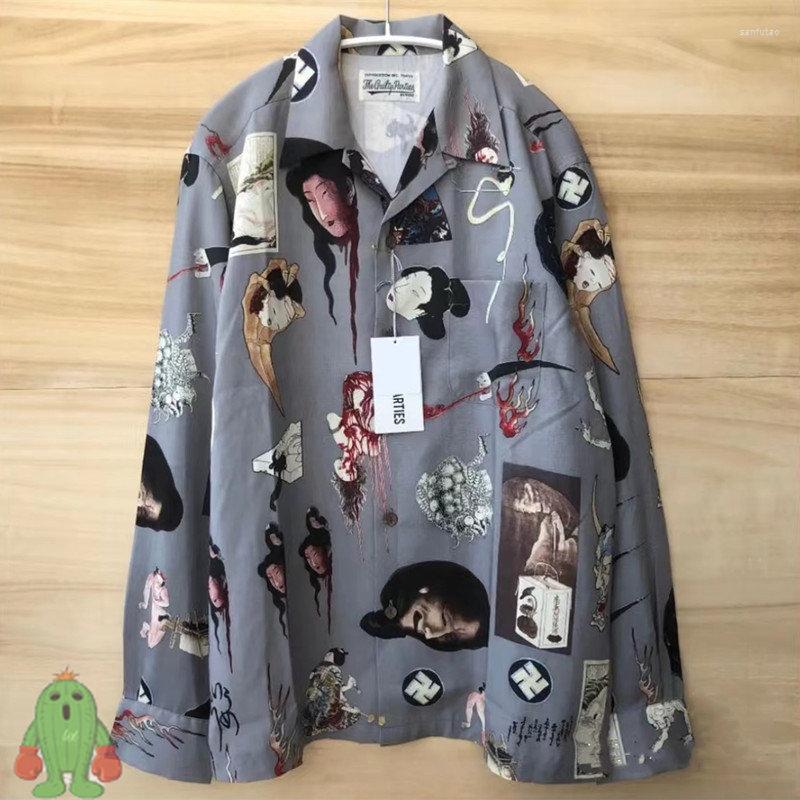 

Men's Casual Shirts Men Women WACKO MARIA Hundred Ghosts Night Walk Print Graffiti Hawaiian Long Sleeve Shirt, 10