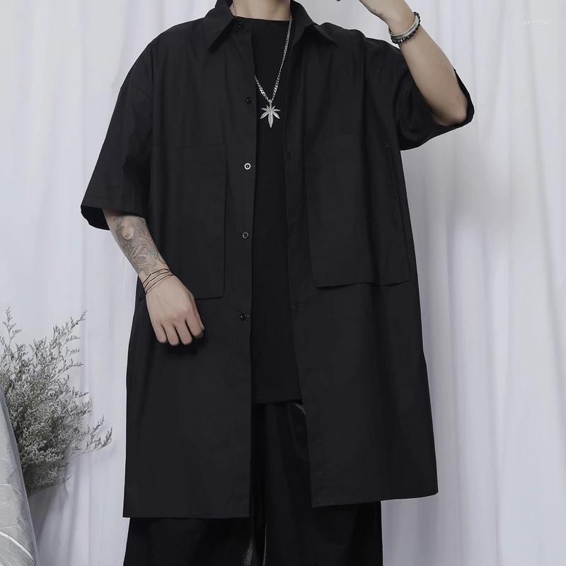 

Men' Casual Shirts Men' Shirt Fashion Handsome Loose Short Sleeve Style Dark Black Design Large Pocket Coat