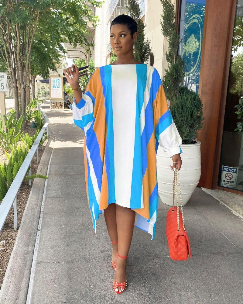 

Casual Dresses Summer Women Midi Dress Full Sleeve Slash Neck Striped Loose Straight Knee Length Fashion, Blue
