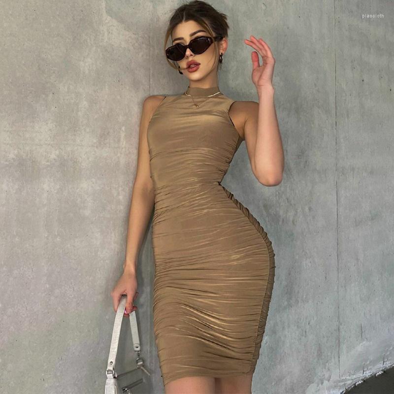 

Casual Dresses Zoctuo Solid Women Ruched Mini Dress Sleeveless High Neck Bodycon Sexy Streetwear Party Elegant Club 2023 Summer Clothes, Auburn