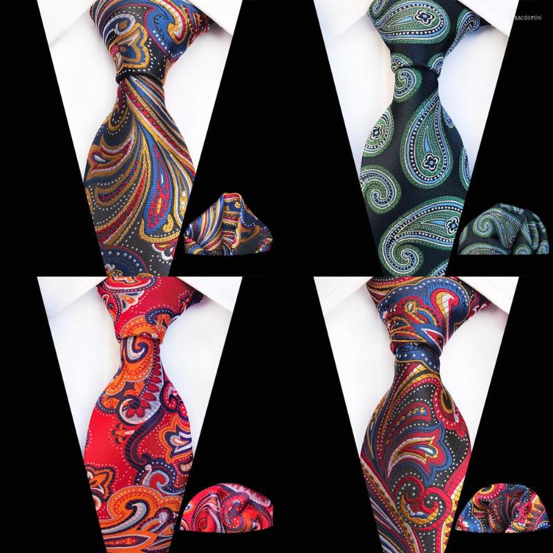 

Bow Ties Paisley Floral Neck Tie Set Red Gold Silk And Pocket Squares Sets For Men Neckties Men's Wedding Necktie A026