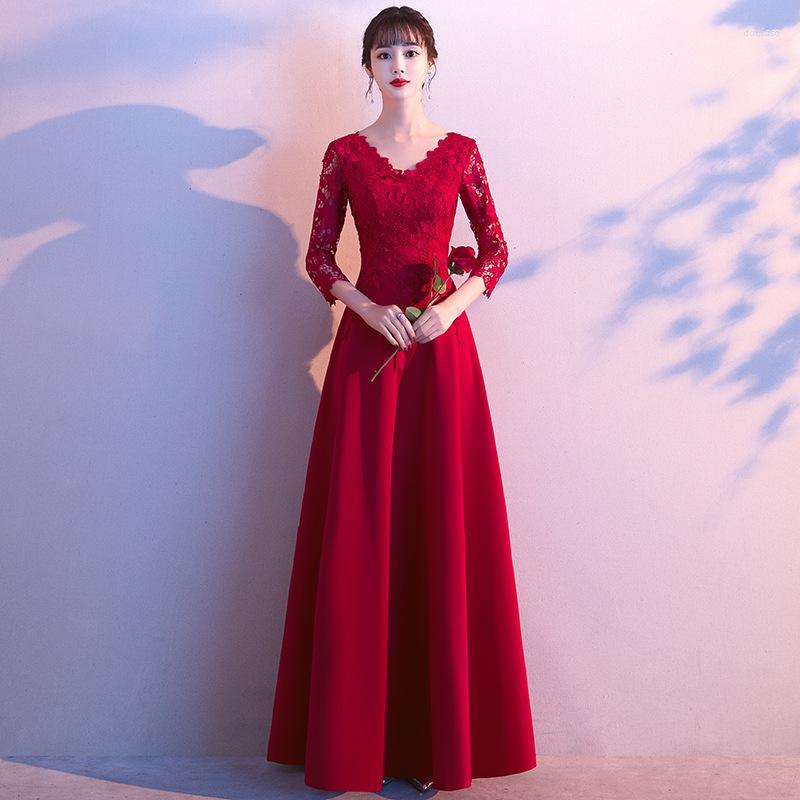 

Ethnic Clothing Sexy V-Neck Lace Wedding Dress Backless A-Line Evening Chinese Style Toast Improved Qipao Vestidos Size S-XXXL