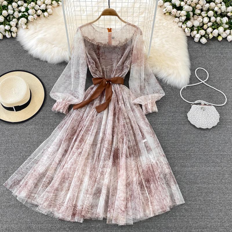 

Casual Dresses Spring Autumn WomenMesh Printed Dress Round Neck Sexy Puff Long Sleeve Ink Pattern A-Line Big Swing Vestidos Female, Green