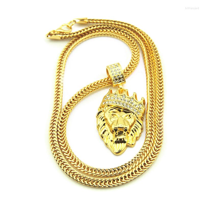

Pendant Necklaces Hip Hop Rhinestones Paved Bling Iced Out Crown Lion Pendants Necklace For Men Rapper Jewelry With 24inch Franco Chain