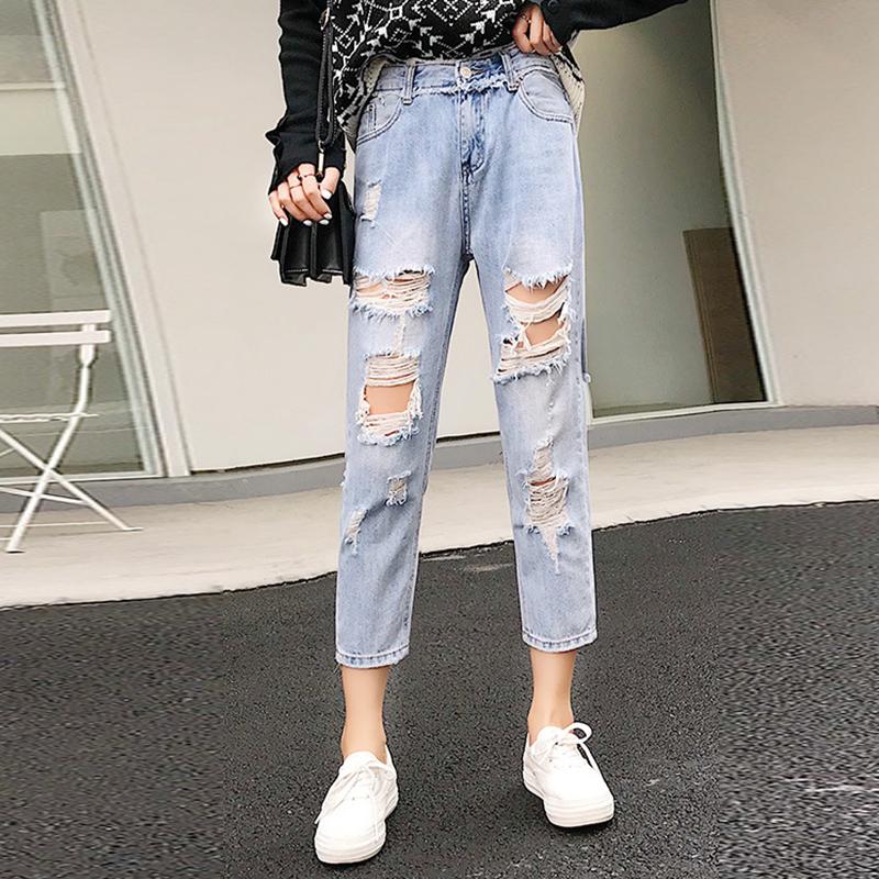 

Women' Jeans Holes Mom Women Ripped For Blue Loose Vintage Female Fashion High Waist Style Pants Casual