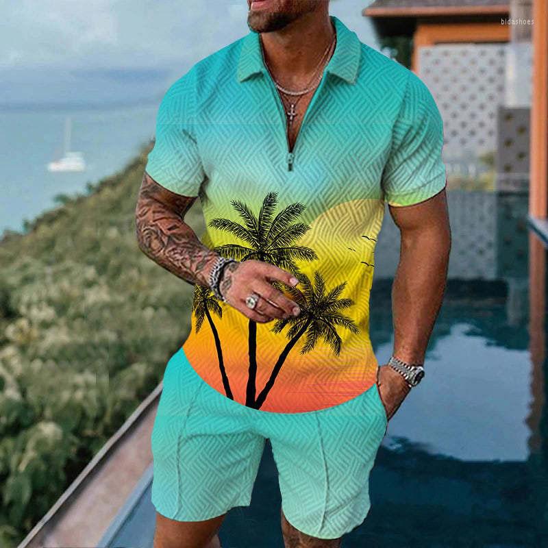

Men's Tracksuits 2 Piece Set Men's Casual Summer Beach Style Short-Sleeve Zipper Polo Shirts And Shorts Suit Man Streetwear Clothes, Sku-14